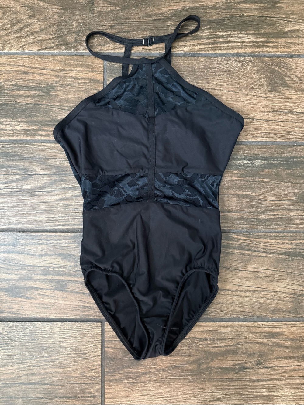 Motionwear Black High Neck Halter Dance Leotard Adult Small Mesh Velvet Panels